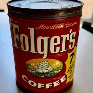 Vintage Folger’s Red Coffee Tin Canister w/ Lid – 7¢ Off Advertising